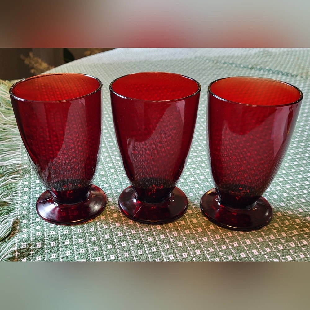 Set of 3 Vintage Royal Ruby Red Glass 5" Footed Goblet Tumbler Ice Tea MCM